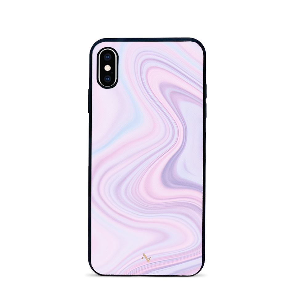 Dreamland iPhone XS MAX leather case in genuine saffiano leather with a soft rubber rim, showcasing personalization options.